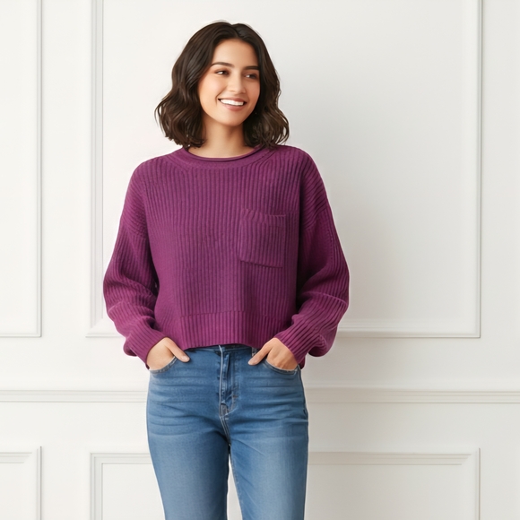 GAP Woman Cotton Sweater XS Petite Oversized Cropped Ribbed Crew Neck Purpl Knit - Picture 1 of 8